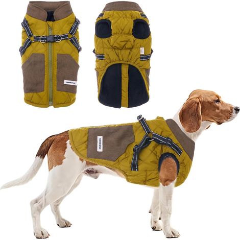 Veste pour chien avec harnais et poches - Gilet d'hiver avec fermeture éclair - Bandes réfléchissantes - Double anneau en D - Gilet pour chien - Mode patchwork - Veste pour chien de taille (1/5)