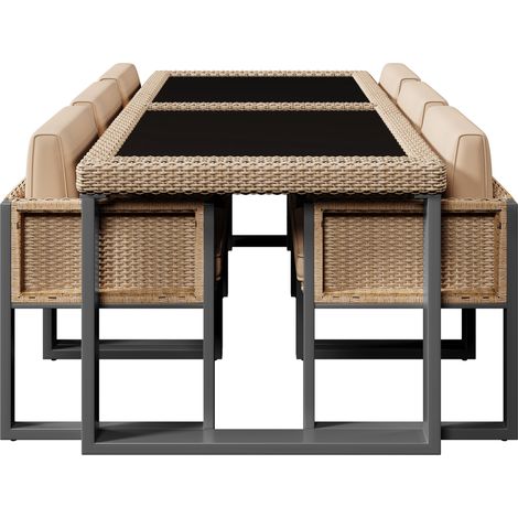 ELVMI Gartenmöbel Set mit 1 Tisch und 6 Stühlen, PE Rattan, Stoff und Gehärtetem Glas, Schwarz Braun (1/4)