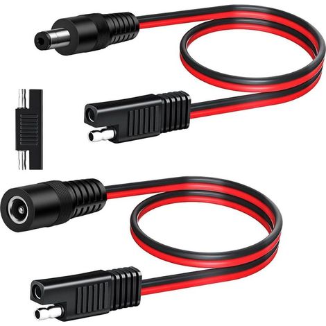 Lot de 2 connecteurs SAE 60 cm 14 AWG 12 V vers DC 5,5 x 2,5 mm (femelle et mâle) Câble de raccordement SAE pour voiture, moto, panneau solaire + adaptateur SAE (1/5)
