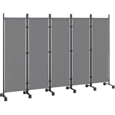Paravent séparateur d'espace 5 panneaux 252 x 40 cm autoportant pliable avec 12 roulettes, cloison amovible bricolage couleur gris foncé