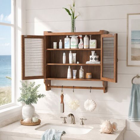 Armoire murale 63x18x60 cm en bois et verre brun, avec rangement pour salle de bain FloraGrace (1/5)