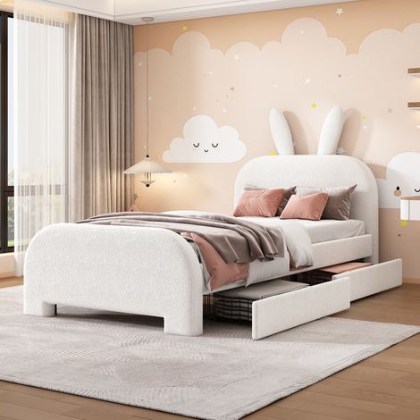 Cama infantil tapizada de felpa blanca 90x200 cm con 2 cajones, cabecero con forma de conejo y somier de láminas (1/5)