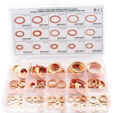 150pcs Rondelle Cuivre Joint Vidange Assortiment Kit M5, M6, M8, M10, M12, M14,M16,M18,M20,M22, 15 Tailles,Rondelle Plate pour L'étanchéité des Vis Bagues D'étanchéité Ternel (1/5)