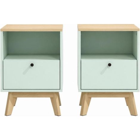 Set de 2 mesitas de noche con cajón y hueco abierto, MDF, verde claro y efecto roble (1/5)