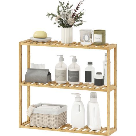 Étagère de rangement en bambou réglable, étagère de salle de bain à 3 niveaux, 60 x 15 x 54 cm, effet bois naturel (1/5)