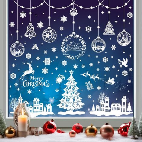 244 pegatinas blancas navideñas para ventanas, adhesivos electrostáticos de PVC con forma de copos de nieve y árboles, decoración navideña removible y reutilizable para ventanas interiores y escaparat (1/5)