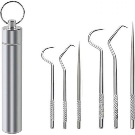 1 Ensemble cure-dents, acier inoxydable, formes variées, avec support, anneau porte-clés, pour camping pique-nique (1/5)
