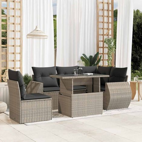 Ensemble de Salon de Jardin 6 Pièces en Résine Tressée Gris Clair avec Coussins - Mobilier d'Extérieur Modulable pour Terrasse (1/5)