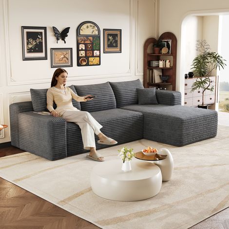 Canapé d'angle 241 cm à motif nuage, style minimaliste moderne, confortable et profond, avec assise profonde et angle intégré. Livré monté. Gris foncé. (1/4)