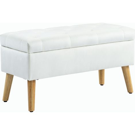 Bout de lit banquette rembourrée velours-blanc-rangement intégré-couvercle-bois caoutchouc-80x35x40cm