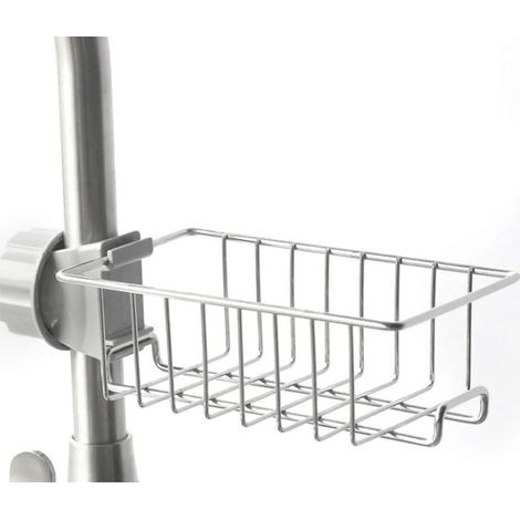 Étagère de douche suspendue en acier inoxydable, montage sans perçage, avec crochets, porte-éponge, panier à savon, porte-savon pour barres de douche rondes de 20 à 22 mm de diamètre. (1/4)