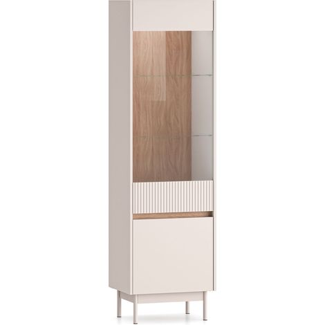 Selsey Dunea – Vitrine 2-türig, Glasfront & LED, Kaschmirgrau/Eichenoptik, 55 cm