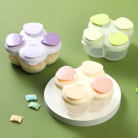 3 pièces Pot doseur à 4 compartiments en forme de fleur pour aliments pour bébés Étanche, portable et sans danger pour les aliments Pour le lait en poudre, les collations et les voyages (1/5)