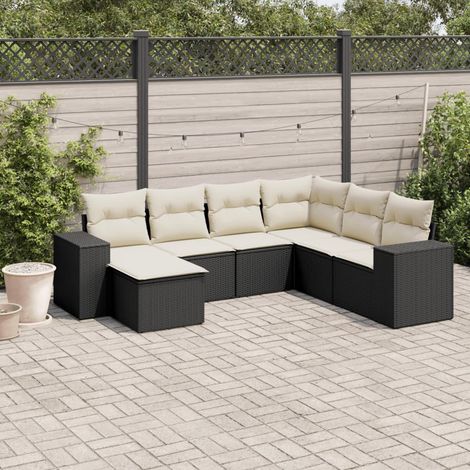 Ensemble Salon Jardin 7 Places Noir Résine Tressée avec Coussins Crème - Canapé d'Angle, Central et Accoudoirs - Modulaire (1/5)