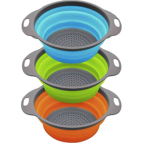 Passoire de cuisine pliable / Lot de 3 passoires, Passoire pliable en silicone, Passoire de cuisine pliable, Panier passoire pliable, Idéal pour les pâtes, les légumes, les fruits (Bleu, Vert, Orange)