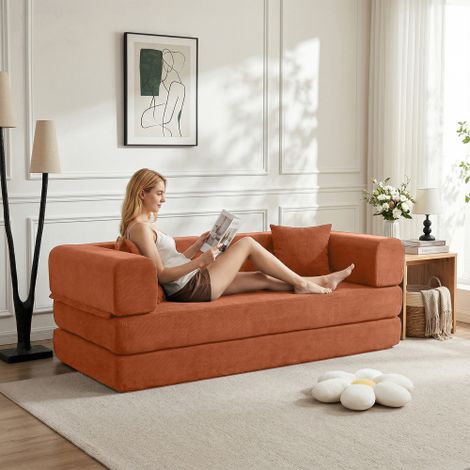 Canapé-lit convertible avec coussin cylindrique, canapé en velours côtelé avec matelas pliable et structure fixe, canapé de sol pour salon, chambre, espace détente ou studio (rouge orangé) (1/5)