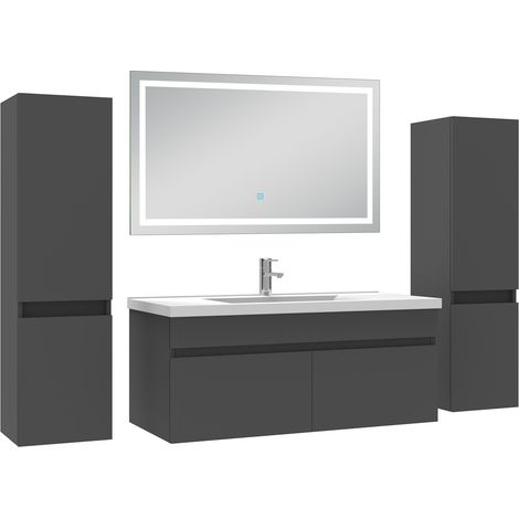 Acezanble Ensemble meubles Salle de Bain 100cm avec colonne + miroir lumineux 3 couleurs Anthracite