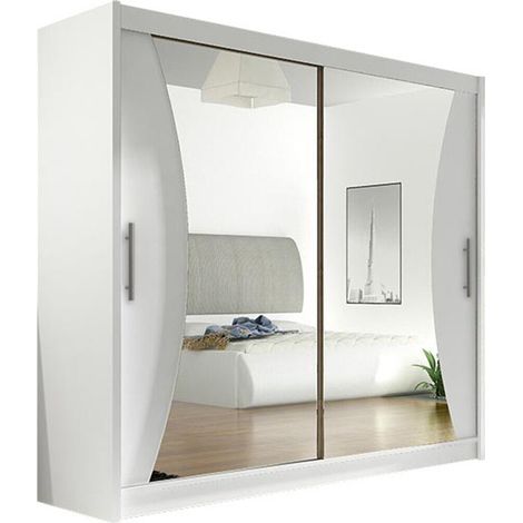 Mirjan24 – Armoire coulissante 215x180x57cm – Stratifié blanc – 2 portes – 5 étagères – Miroir inclus – Bords protégés ABS