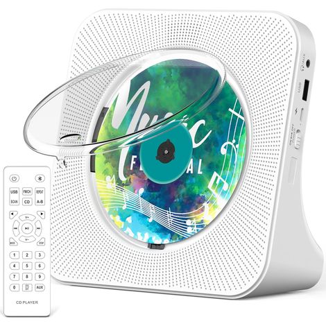 Portable CD Player with Bluetooth 5.0, CD-Music with Remote Control, Hi-Fi Sound Speaker, Dust Protection, LED Screen, FM Radio, Supports AUX/USB, Headphone Jack for Gift (White) (1/5)
