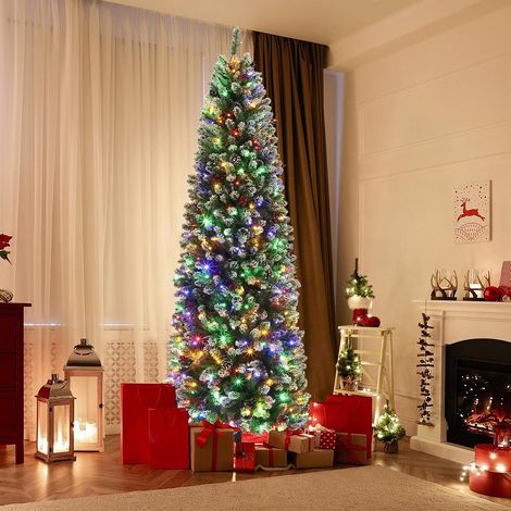 Sapin de Noël 7,5 pieds enneigé pommes de pin baies rouges, 350 LED RGBW 9 modes lumineux (1/5)