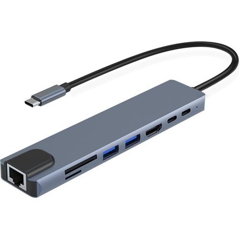 Hub USB multifunzione 8 in 1, estensore porta USB 3.0, slot per schede SD/TF, HDMI 4K, USB 3.0/2.0, RJ45, PD 100W, porta USB-C, velocità ultraelevata. (1/5)