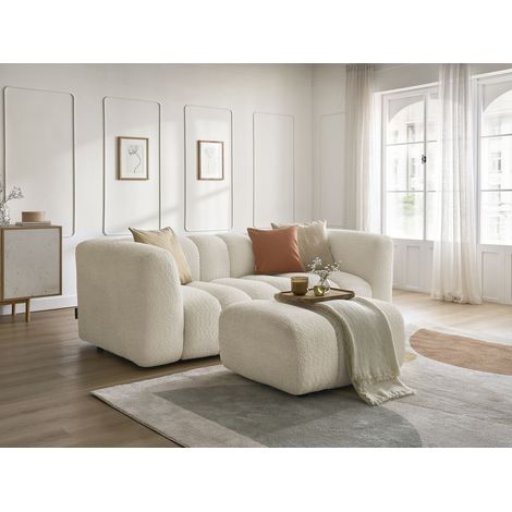 BOBOCHIC - Canapé droit fixe 3 places TALIA tissu bouclette avec pouf   Beige (1/5)