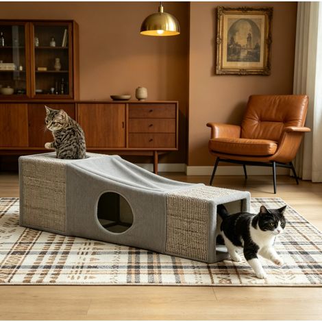 Tunnel per gatti 98x30x30 cm in pannelli di legno grigio salvaspazio FloraGrace (1/5)