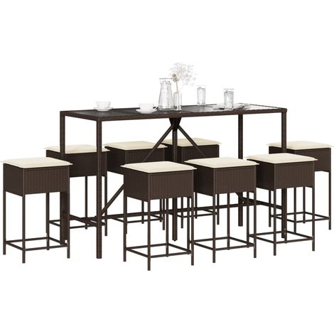 9-tlg. Gartenbar-Set mit Kissen Braun Poly Rattan