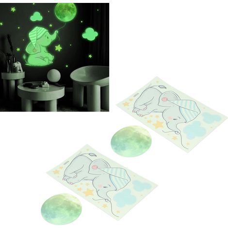 Set mit 2 phosphoreszierenden Wandstickern: Elefant, Mond und Stern. Kreative und fluoreszierende Wandsticker, dekorative Sticker für Schlafzimmer, selbstklebend. (1/5)