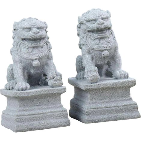 Statues de lions de style chinois (lot de 2), sculptures miniatures en grès, décoration de jardin (1/5)