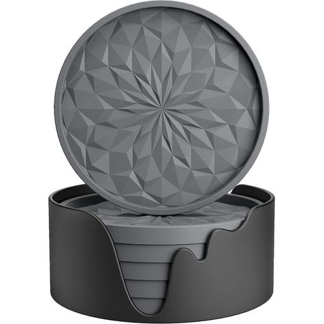 Dessous de verre en silicone avec support, pour boissons chaudes ou froides, épais, antidérapants, avec plateau profond, gris foncé, lot de 6 (1/5)