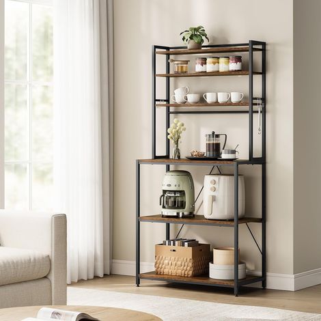 WOLTU Scaffale da Cucina,Scaffale da Panetteria, Portaoggetti a 6 Ripiani con 6 Ganci, per Microonde, 80x40x167cm, Marrone Rustico+Nero