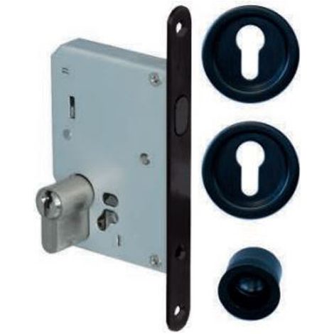 Kit serrure porte coulissante EUROWALE cylindre profil Euro poignée noire type I axe 50 mm (1/2)