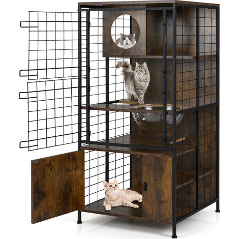 COSTWAY Modern Cat Cabinet Cage Multi-level Cat Towel w/Metal Frame