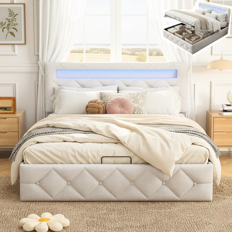 Tanant – Lit coffre 140x190 cm – Tête de lit cloutée avec bande lumineuse LED – Sommier à lattes en velours – Design moderne beige (1/5)