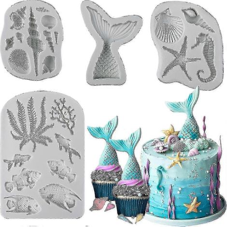 Moule en silicone pour fondant sur le thème de l'océan, lot de 4 pièces : queue de sirène, coquillage, étoile de mer (1/5)