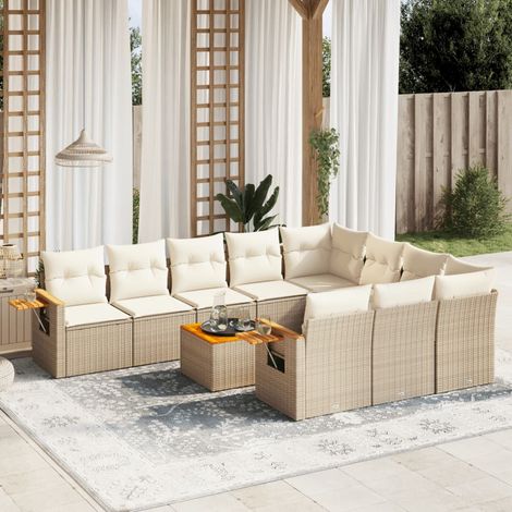 Salon de jardin en résine tressée beige 10 places avec coussins amovibles, modulable, résistant aux UV. Ensemble complet avec canapés, sièges d'angle et tablettes. (1/5)