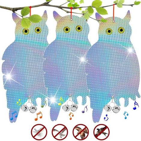 Répulsif à oiseaux avec clochette - Épouvantail - Répulsif à pigeons - 3 pièces - Forme de hibou réfléchissante - Répulsifs pour éloigner les oiseaux des jardins (1/5)