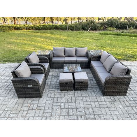 Fimous Hoher Rücken Polyrattan Gartenmöbel Set mit Quadratischer Couchtisch 2 kleine Fußhockern 2 Beistelltischen Garten Lounge Set Dunkelgrau Gemischt (1/5)
