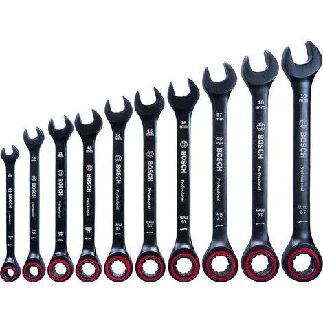 Bosch – Set de 10 clés mixtes à cliquet en acier chrome-vanadium (8-19 mm) – Angle de reprise 3° – Étui souple inclus (1/4)
