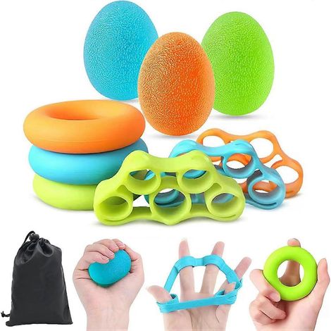Ensemble de 9 pièces pour renforcer la force de préhension, exercices pour les doigts et soulagement du stress, kit de balles anti-stress pour les mains, pince à doigts en silicone, appareil d'entraîn (1/5)