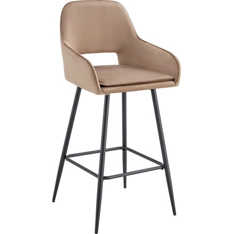 Lot 2 Tabourets de Bar Athena Velours Taupe Pieds Métal Noir 47x41x104cm