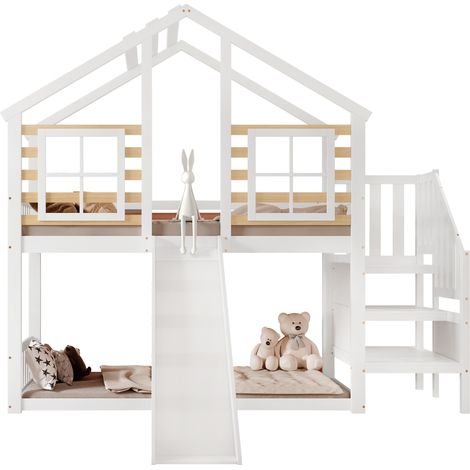 CHICFURN Litera infantil 90x200 cm blanca de madera y MDF con tobogán, escalera y ventanas (1/5)