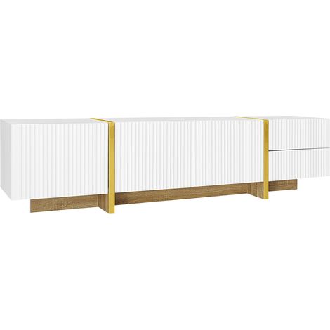 ELVMI TV-Schrank mit 3 Türen und 2 Schubladen, Dämpfungsscharniere, für Wohnzimmer, aus MDF und Spanplatte, Weiß und Gold, 190×35×45 cm (1/4)