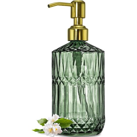 Distributeur de savon en verre vert de 532 ml (18 oz) avec pompe dorée antirouille, réutilisable pour la cuisine