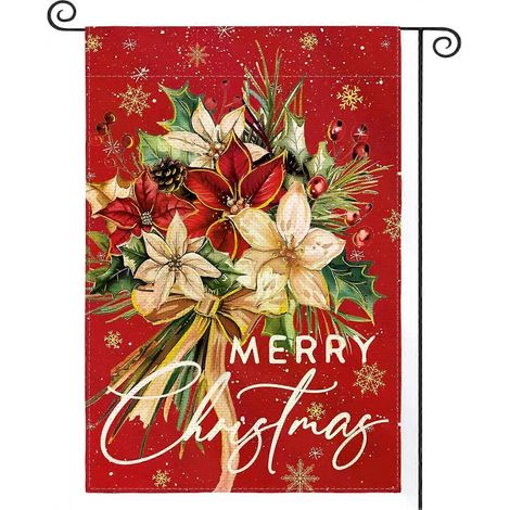 Drapeau de jardin « Joyeux Noël » à motifs floraux, 30 x 45 cm, double face, pour l'extérieur. Décoration de jardin pour les fêtes de Noël et l'hiver. (1/5)