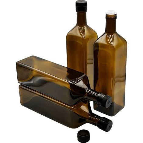 Lot de 4 bouteilles d'huile en verre de 1000 ml avec bec verseur intégré en plastique et étiquettes (1/5)