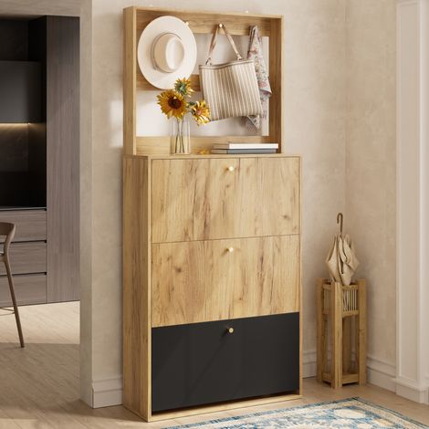 Schuhschrank aus Spanplatte in Schwarz und Naturholzoptik, 3 Klappen, verstellbare Inneneinteilung und Haken, 75x24x180 cm (1/5)