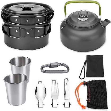 Ensemble de 11 pièces pour le camping : ustensiles de cuisine pliables, cuillères, casseroles et poêles antiadhésives, idéal pour la randonnée et le trekking (2-3 personnes), avec sac de rangement, co
