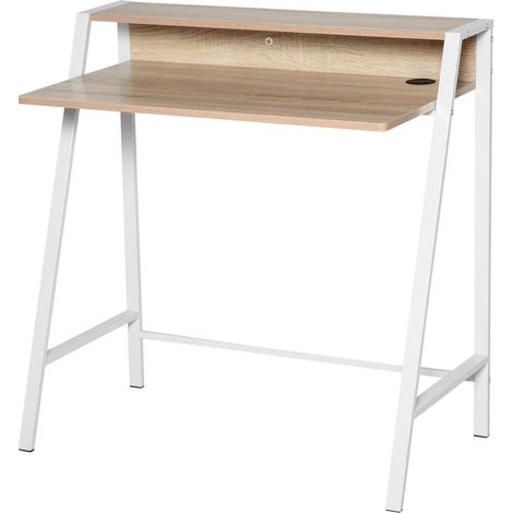 Bureau d'étude en bois chêne clair et blanc, style simple, dimensions 84L x 45l x 85H cm, table informatique pour ordinateur. (1/5)